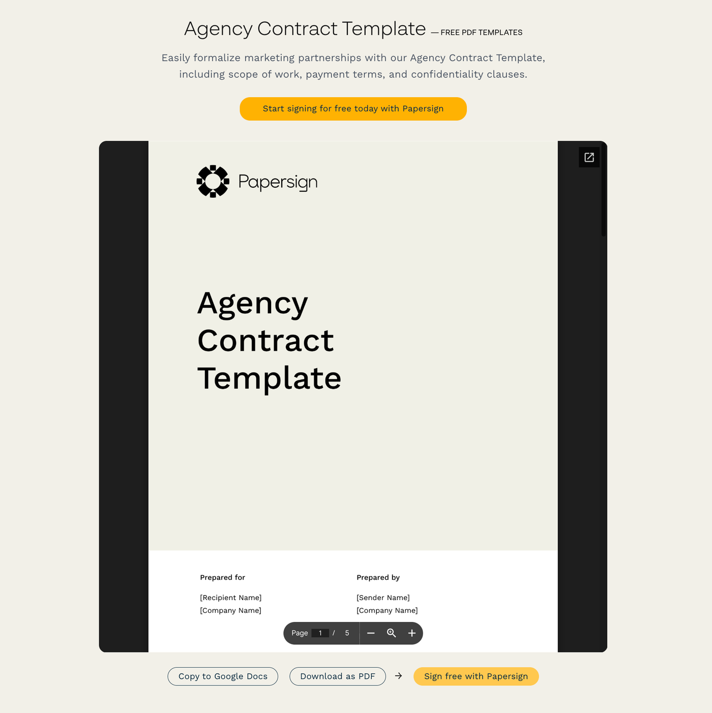 Agency Contract Template preview from Papersign, showing a cover page with prepared for and prepared by fields