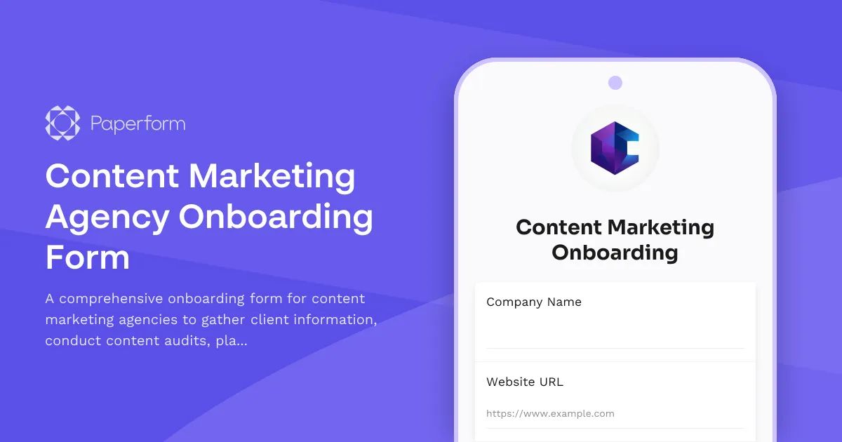 Content Marketing Agency Onboarding Form template in Paperform, showing a mobile onboarding form with company name and website URL fields