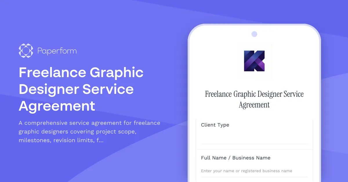 Freelance Graphic Designer Service Agreement template in Paperform, showing a mobile form with client type and business name fields