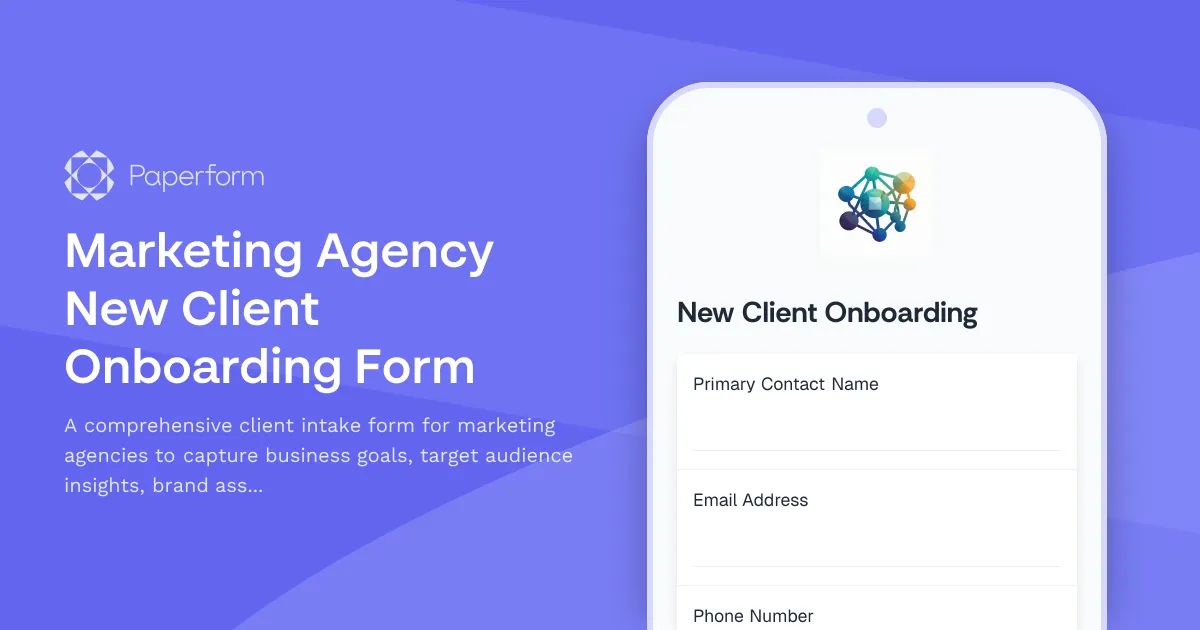 Marketing Agency New Client Onboarding Form template in Paperform, showing a mobile form with fields for primary contact name and email address
