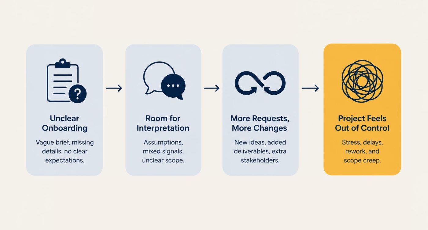 Chain reaction diagram showing how unclear onboarding leads to room for interpretation, then more requests and changes, then a project that feels out of control