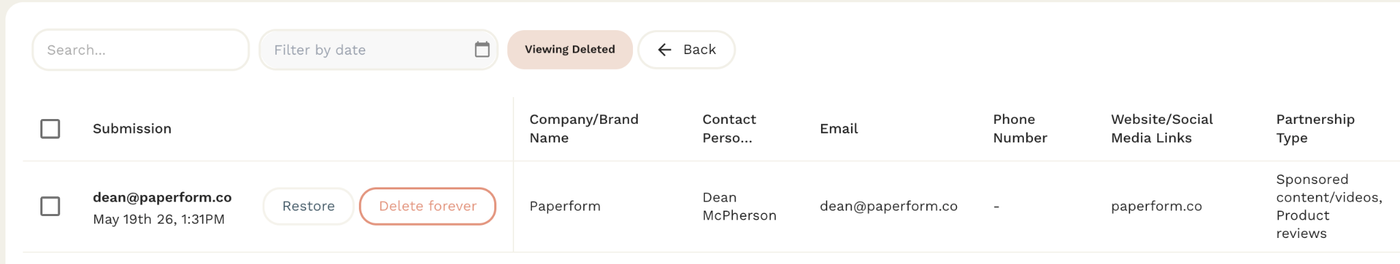 Restoring a deleted form or submission from the dashboard