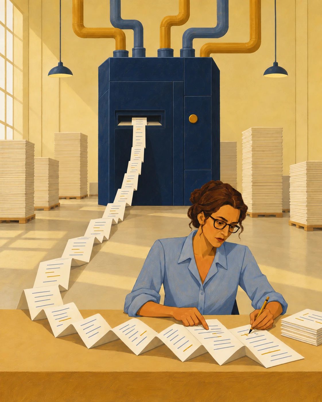 A woman at a desk reviews a long, folded stream of printed pages coming out of a large machine, pencil in hand, checking each line