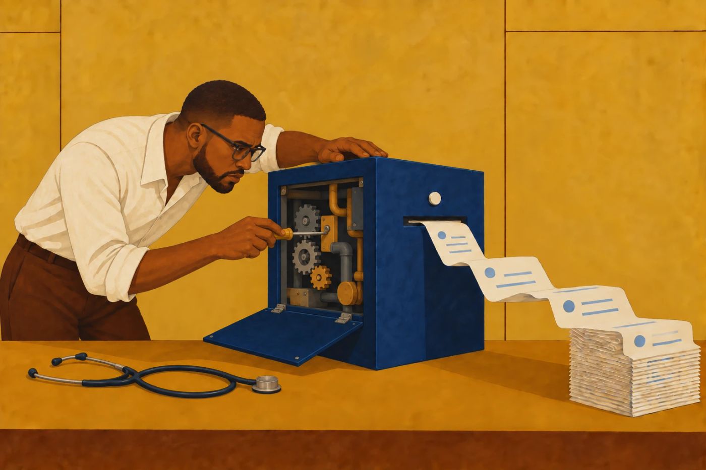 A man with a screwdriver opens the side panel of a blue machine to inspect the gears inside, while printed output feeds out the other side
