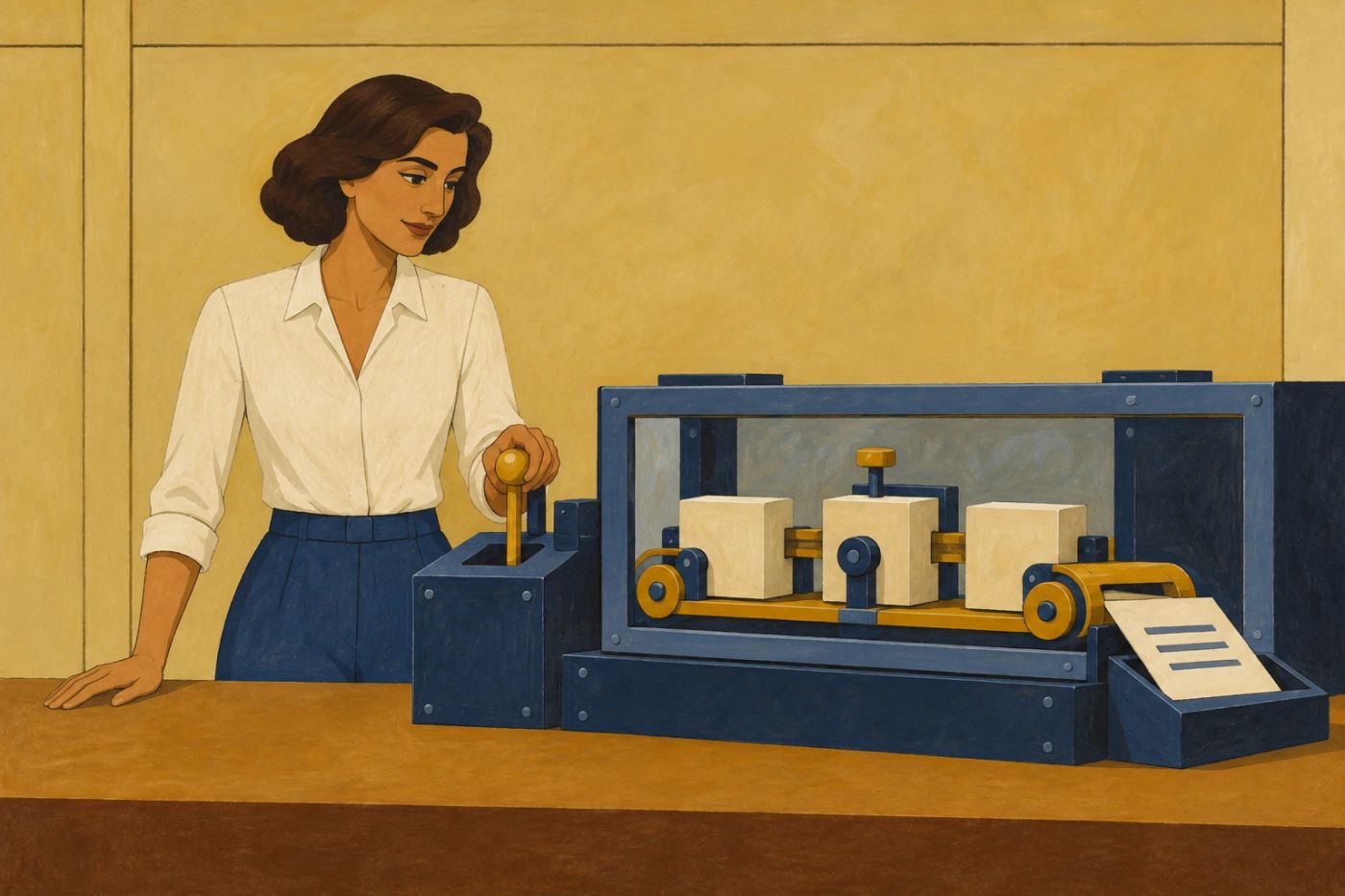 A woman calmly operates a lever on a machine with a glass window, watching each step of the process move along a conveyor before a result prints out