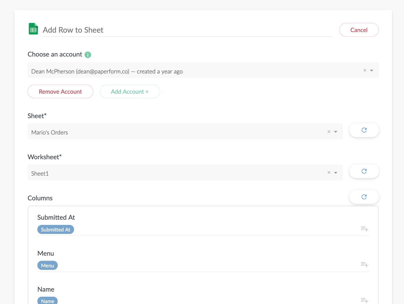Add row to google sheets