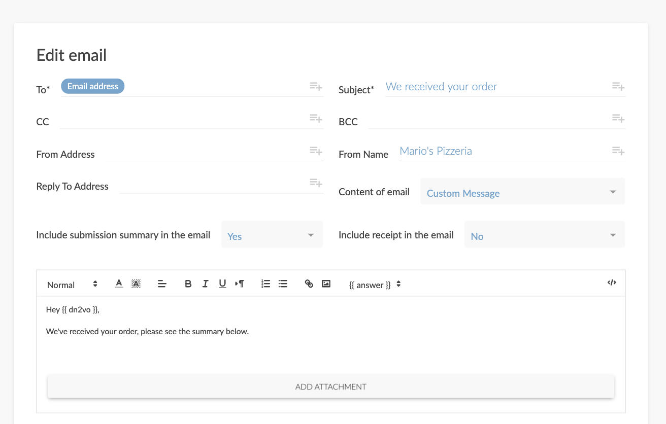Setup custom email response