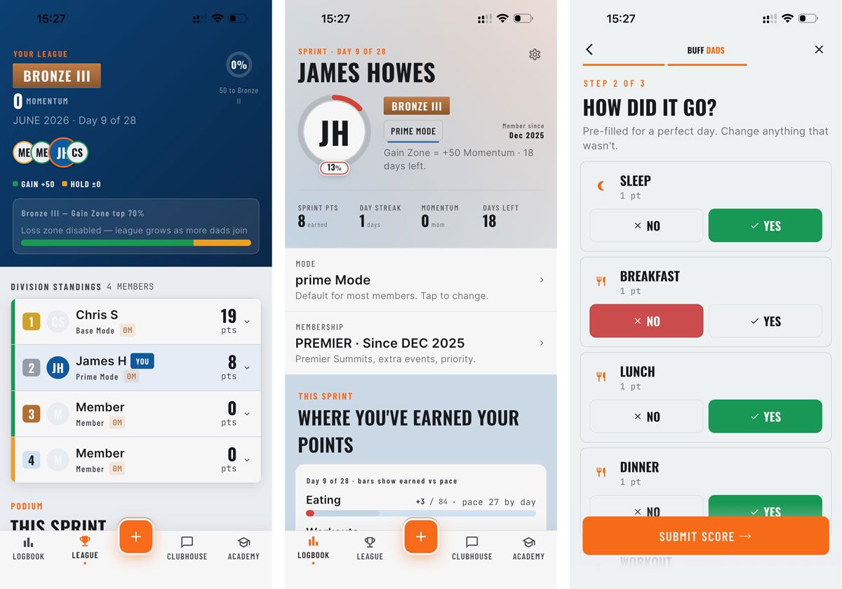 Buff Dads Club member app screens showing league standings, daily stats, and score submission