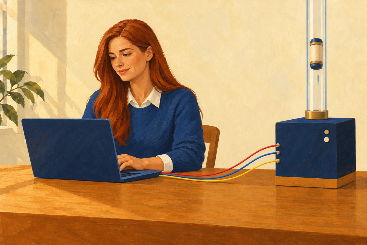 A woman at a wooden desk smiles at her laptop, which is connected by red, blue and yellow cables to a small navy box with a capsule resting calmly in a clear tube above it