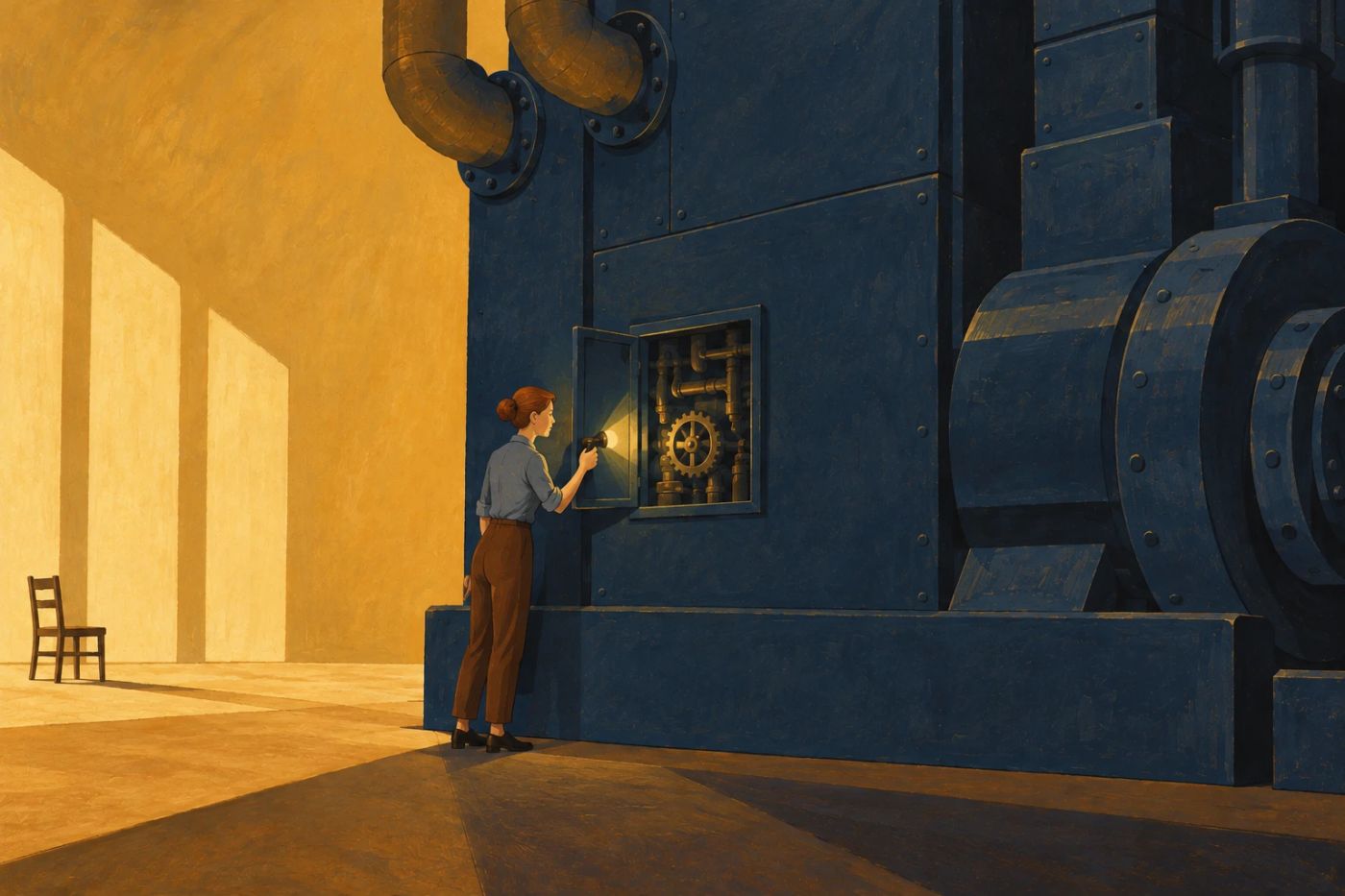 A woman shines a torch into an open inspection panel on a towering navy machine, revealing the brass gears and pipes inside, while a single empty chair sits in the warm light across the room