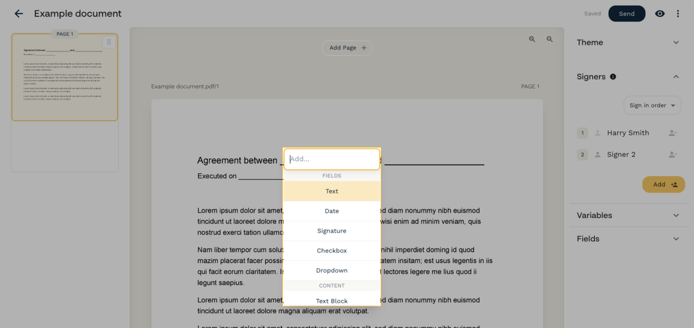 Highlighted dropdown selector with various Field options in the Papersign editor.