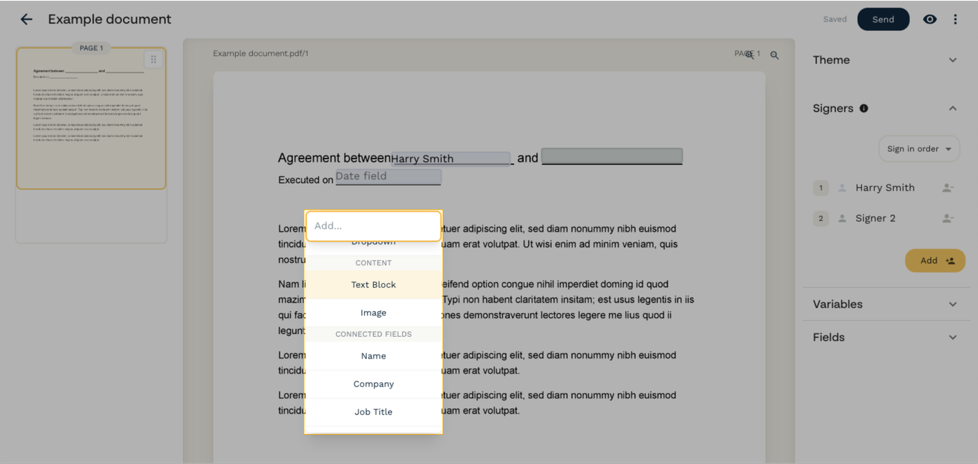 Highlighted dropdown selector with the "Text Block" option in the Papersign editor.