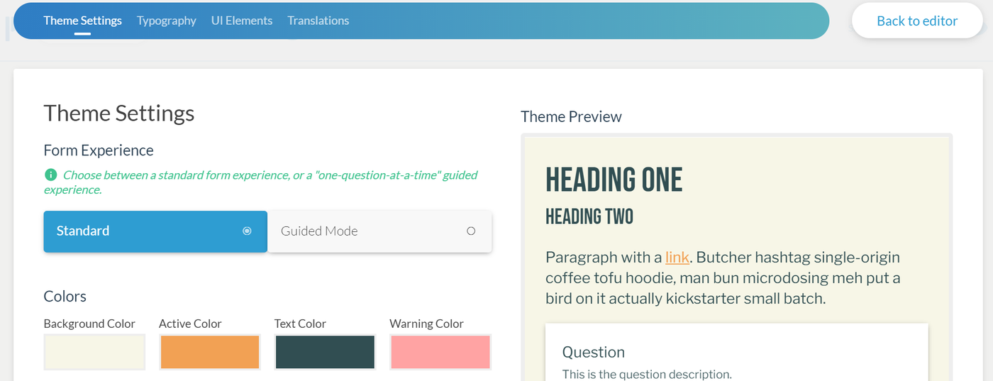 Editing theme settings in Paperform