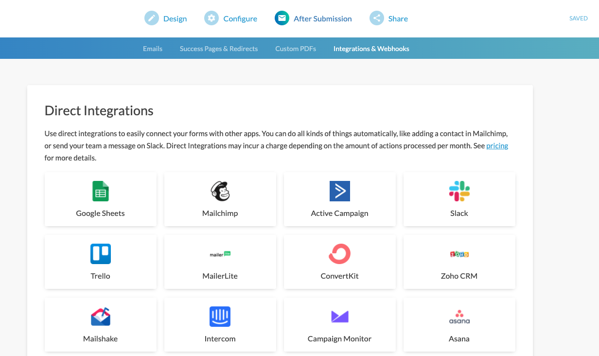 Direct integrations in Paperform