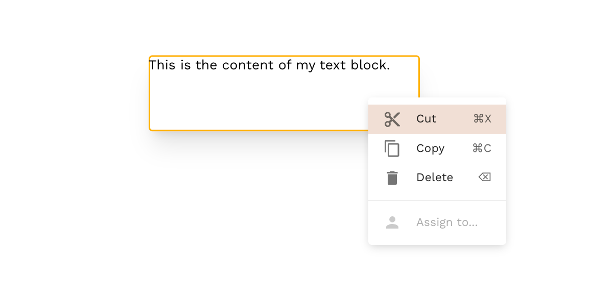 Screenshot of the right-click menu over a text block, displaying the options "Cut," "Copy," and "Paste."