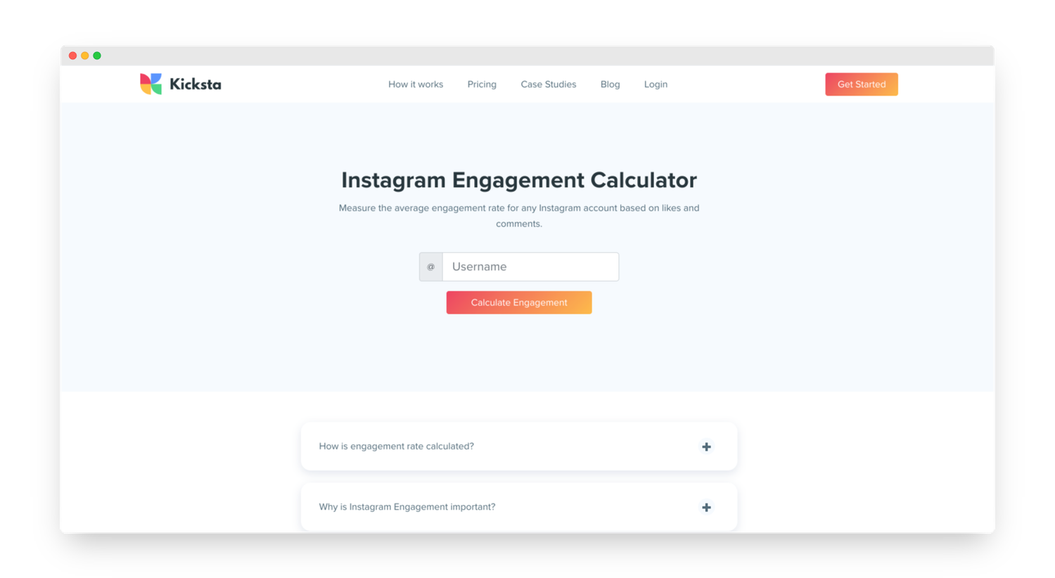 Kicksta instagram engagement calculator website screenshot