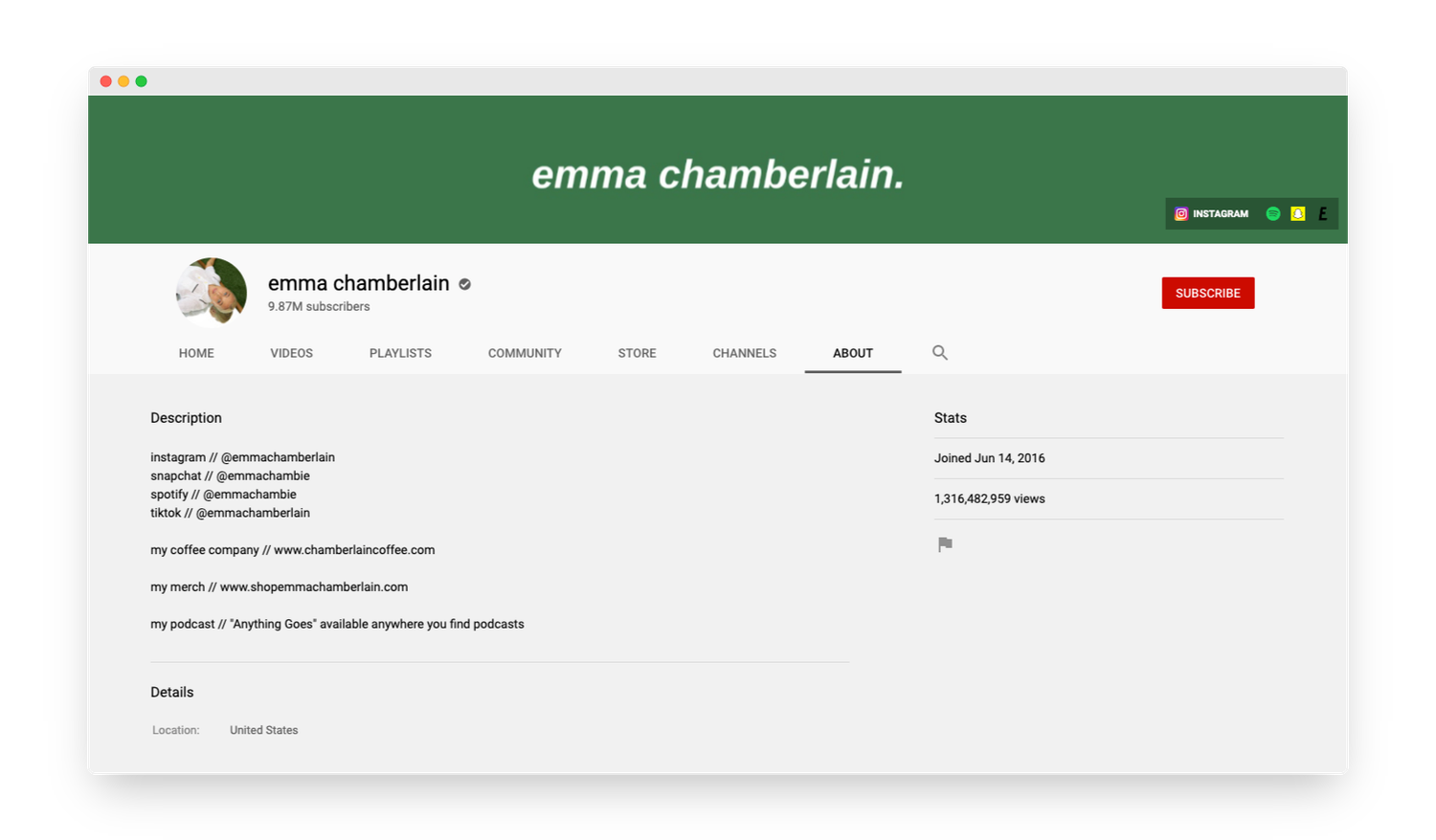 Emma Chamberlain YouTube about page