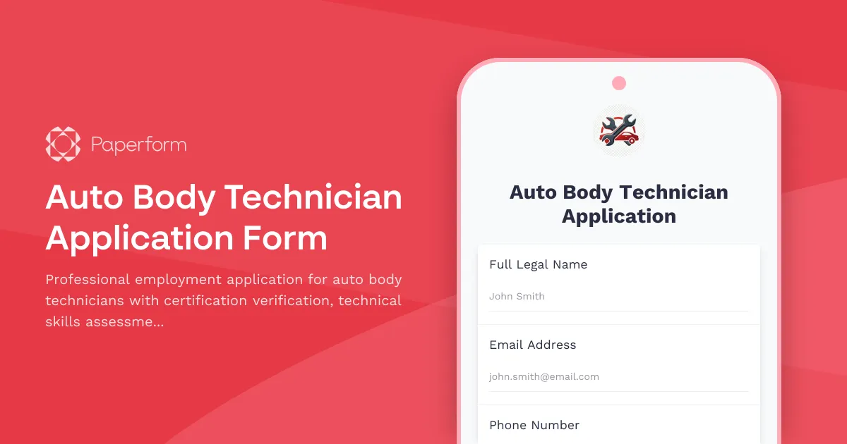 Auto Body Technician Application Form