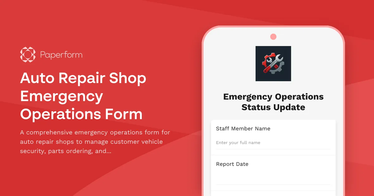 Auto Repair Shop Emergency Operations Form