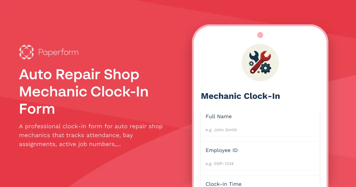 Auto Repair Shop Mechanic Clock-In Form