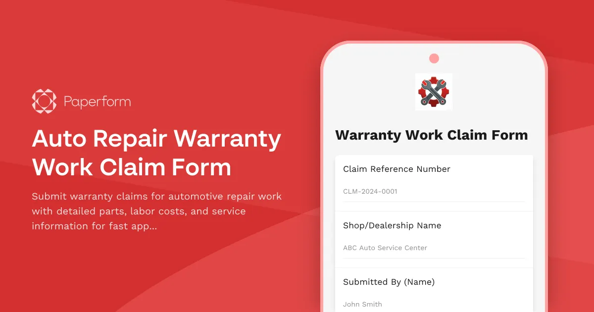 Auto Repair Warranty Work Claim Form