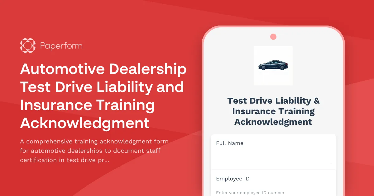 Automotive Dealership Test Drive Liability and Insurance Training Acknowledgment