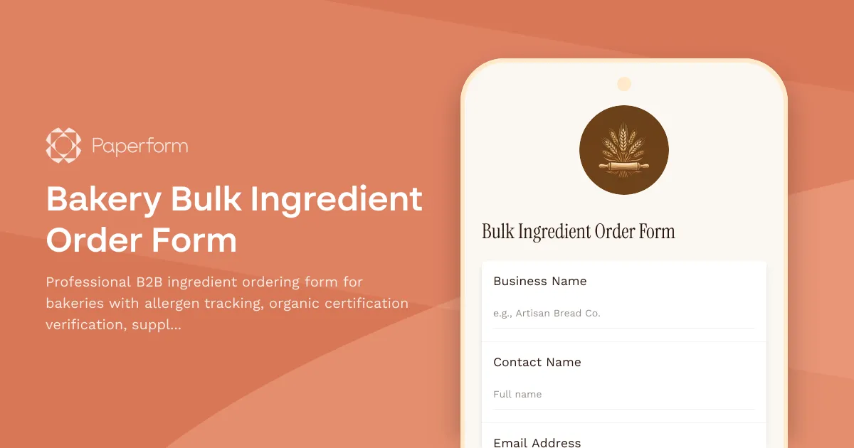 Bakery Bulk Ingredient Order Form