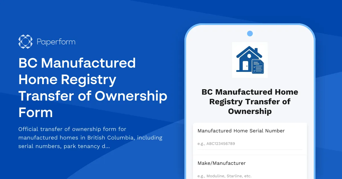 BC Manufactured Home Registry Transfer of Ownership Form