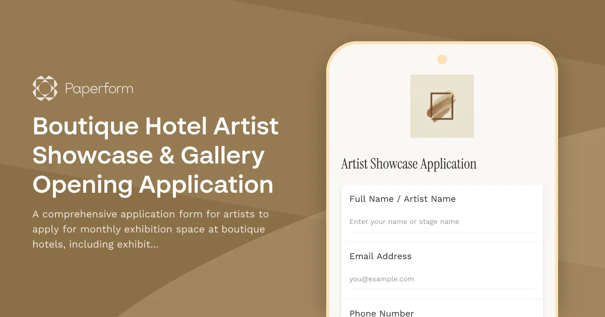 Boutique Hotel Artist Showcase & Gallery Opening Application