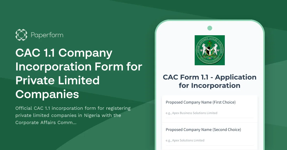 CAC 1.1 Company Incorporation Form for Private Limited Companies