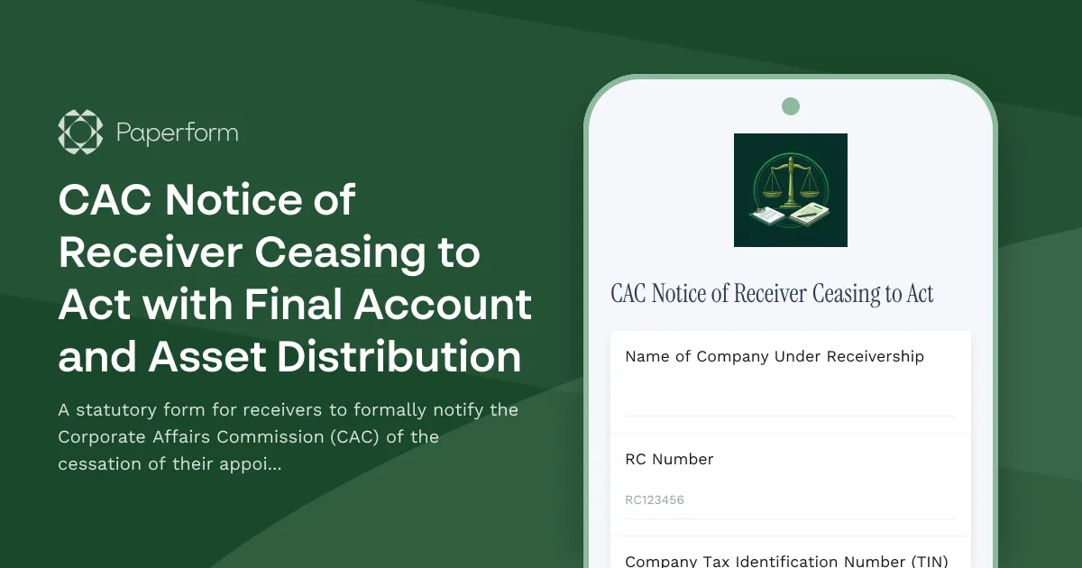 CAC Notice of Receiver Ceasing to Act with Final Account and Asset Distribution
