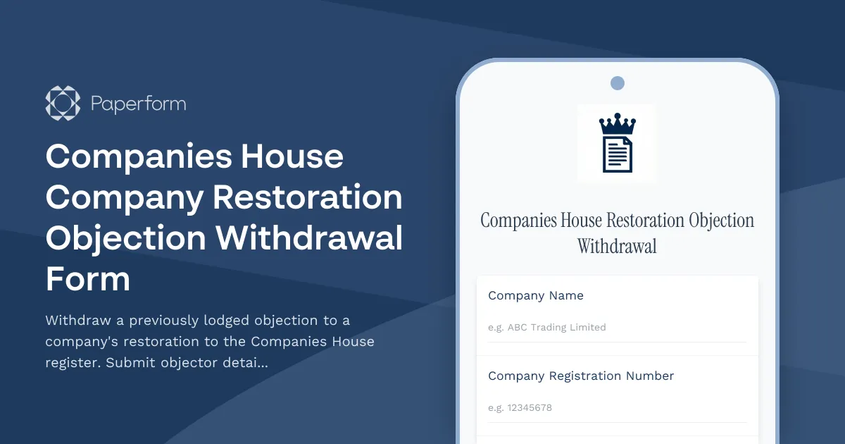 Companies House Company Restoration Objection Withdrawal Form