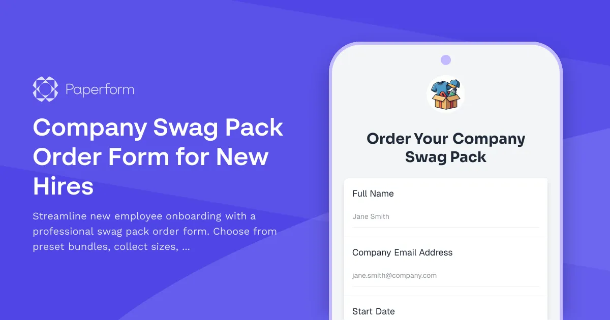 Company Swag Pack Order Form for New Hires