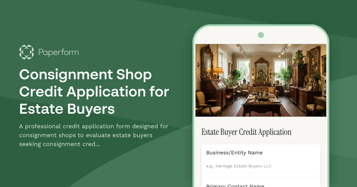 Consignment Shop Credit Application for Estate Buyers
