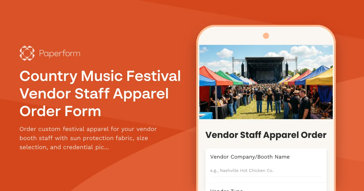 Country Music Festival Vendor Staff Apparel Order Form