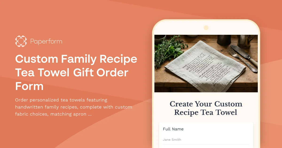 Custom Family Recipe Tea Towel Gift Order Form