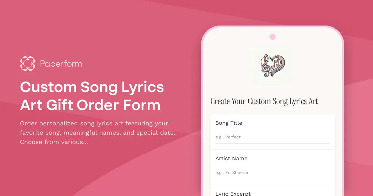Custom Song Lyrics Art Gift Order Form