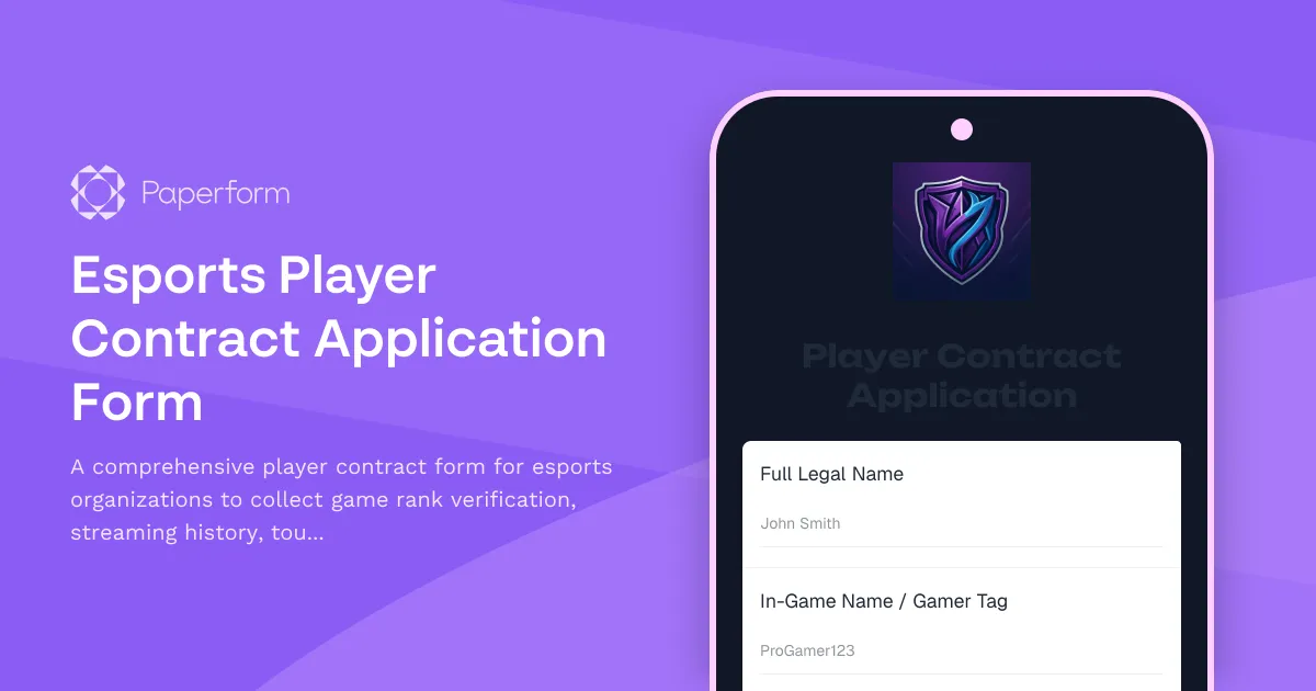 Esports Player Contract Application Form