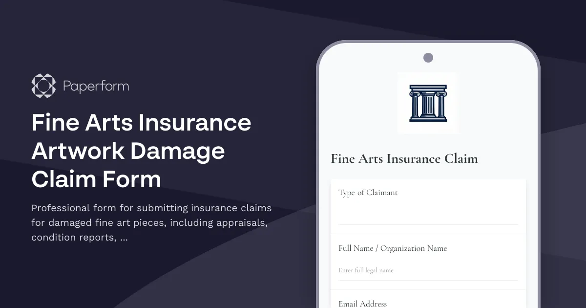 Fine Arts Insurance Artwork Damage Claim Form