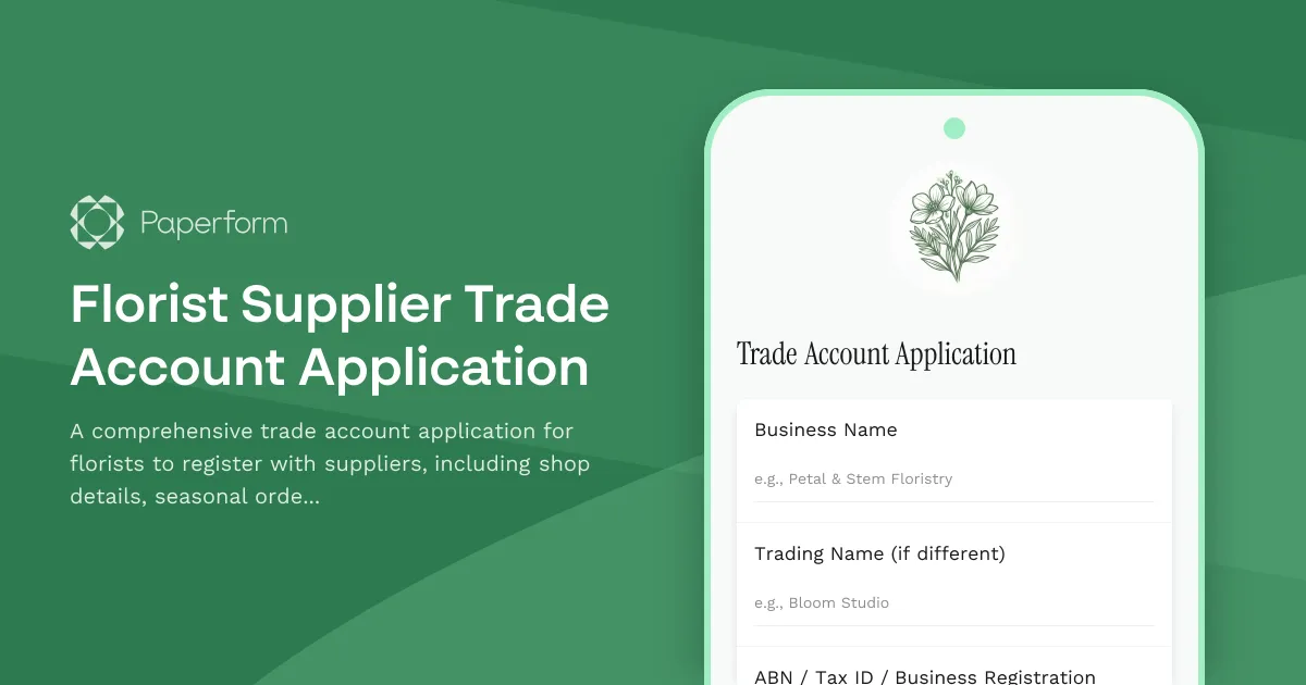 Florist Supplier Trade Account Application