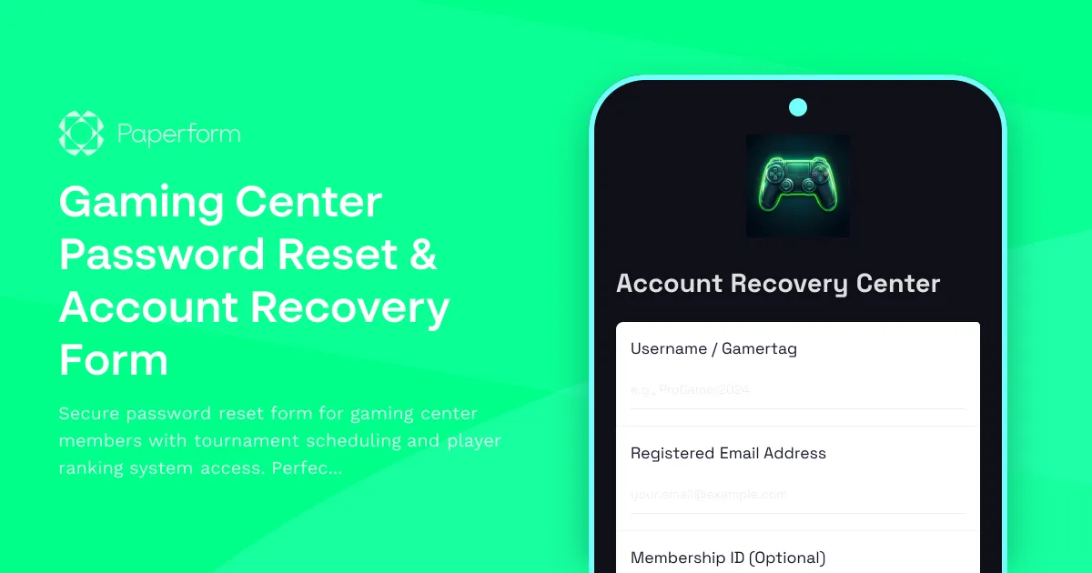Gaming Center Password Reset & Account Recovery Form
