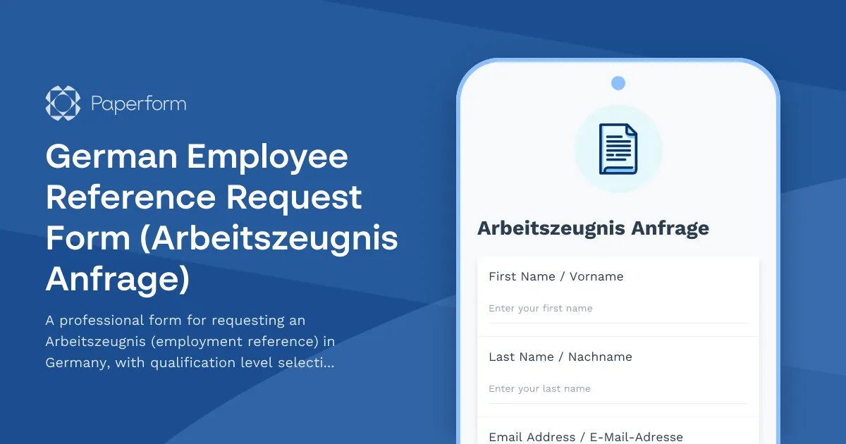 German Employee Reference Request Form (Arbeitszeugnis Anfrage)