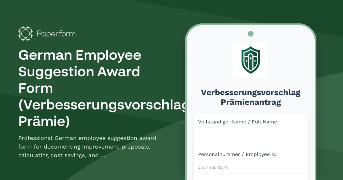 German Employee Suggestion Award Form (Verbesserungsvorschlag Prämie)