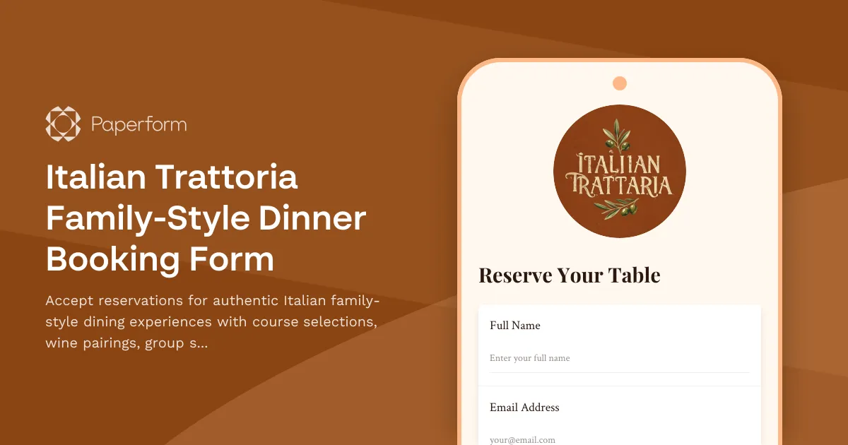 Italian Trattoria Family-Style Dinner Booking Form