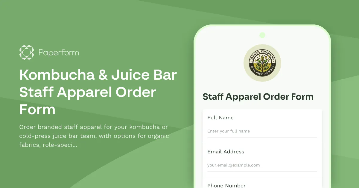 Kombucha & Juice Bar Staff Apparel Order Form