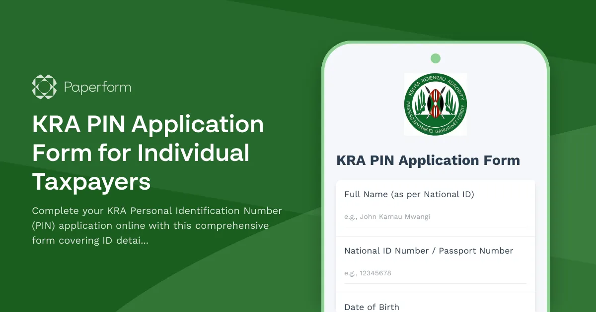 KRA PIN Application Form for Individual Taxpayers