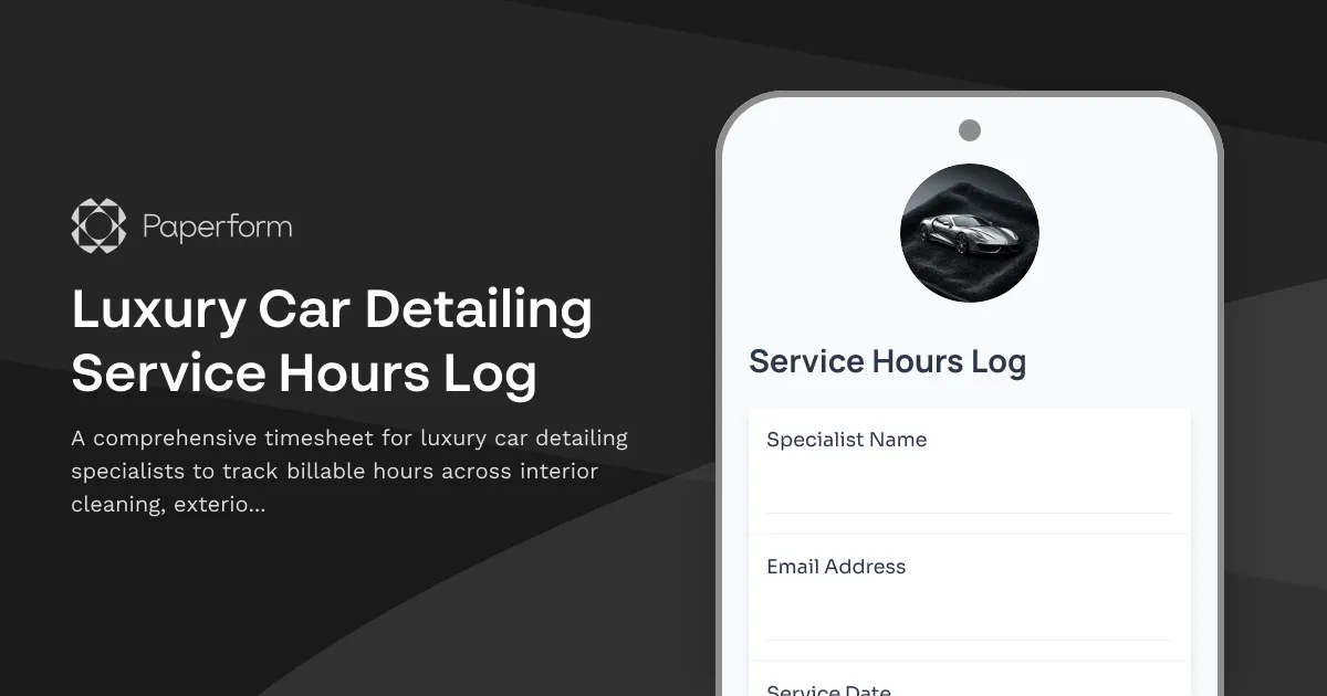 Luxury Car Detailing Service Hours Log