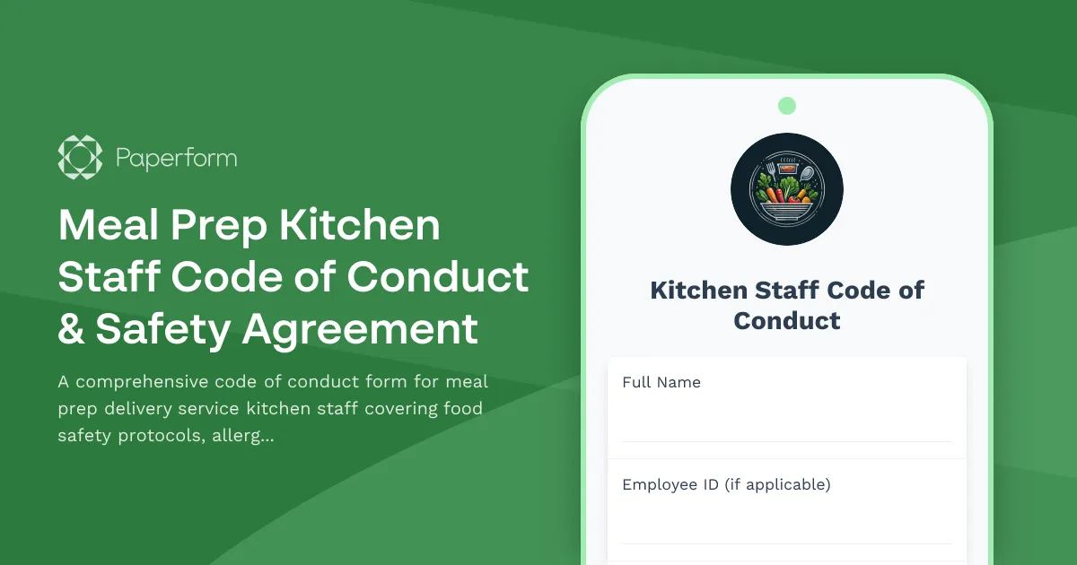 Meal Prep Kitchen Staff Code of Conduct & Safety Agreement