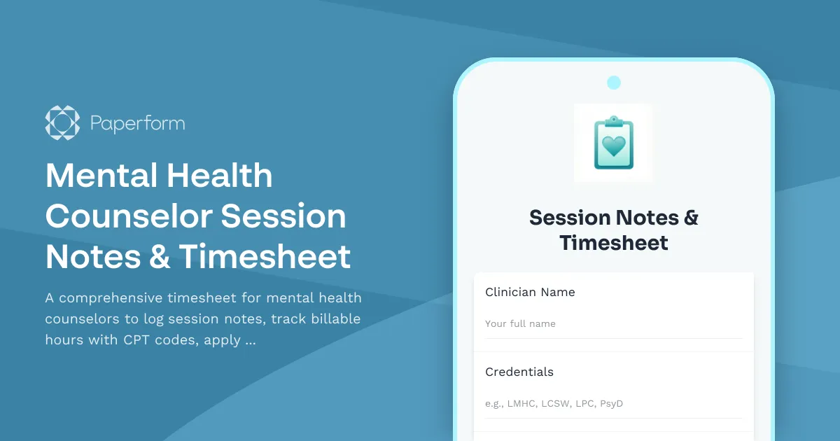Mental Health Counselor Session Notes & Timesheet
