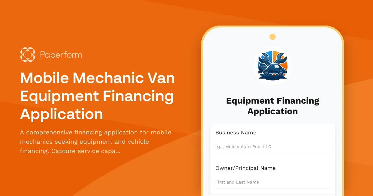 Mobile Mechanic Van Equipment Financing Application
